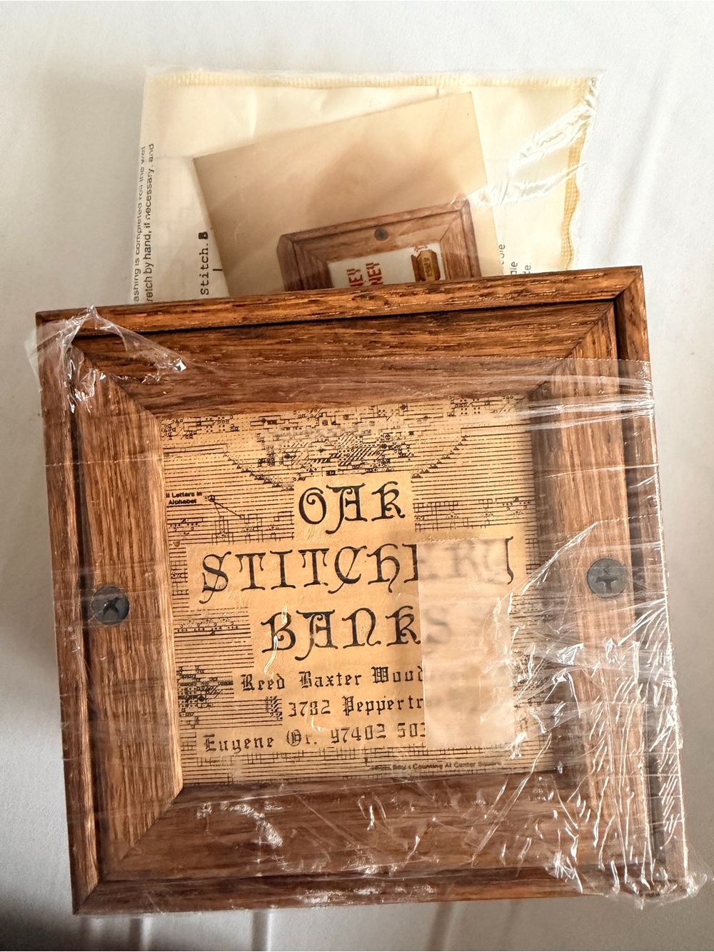 Reed Baxter Woodcrafts, Eugene, Oak Stitchery Coin Bank, 5 1/4" Square, Vintage